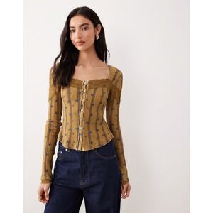 Free‎ People Lets Party Thermal Lace Trim Floral Stripe Henley Green XS